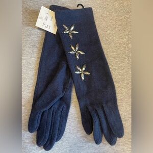🆕 Ladies navy-blue knitted gloves with 3 bedazzled stars